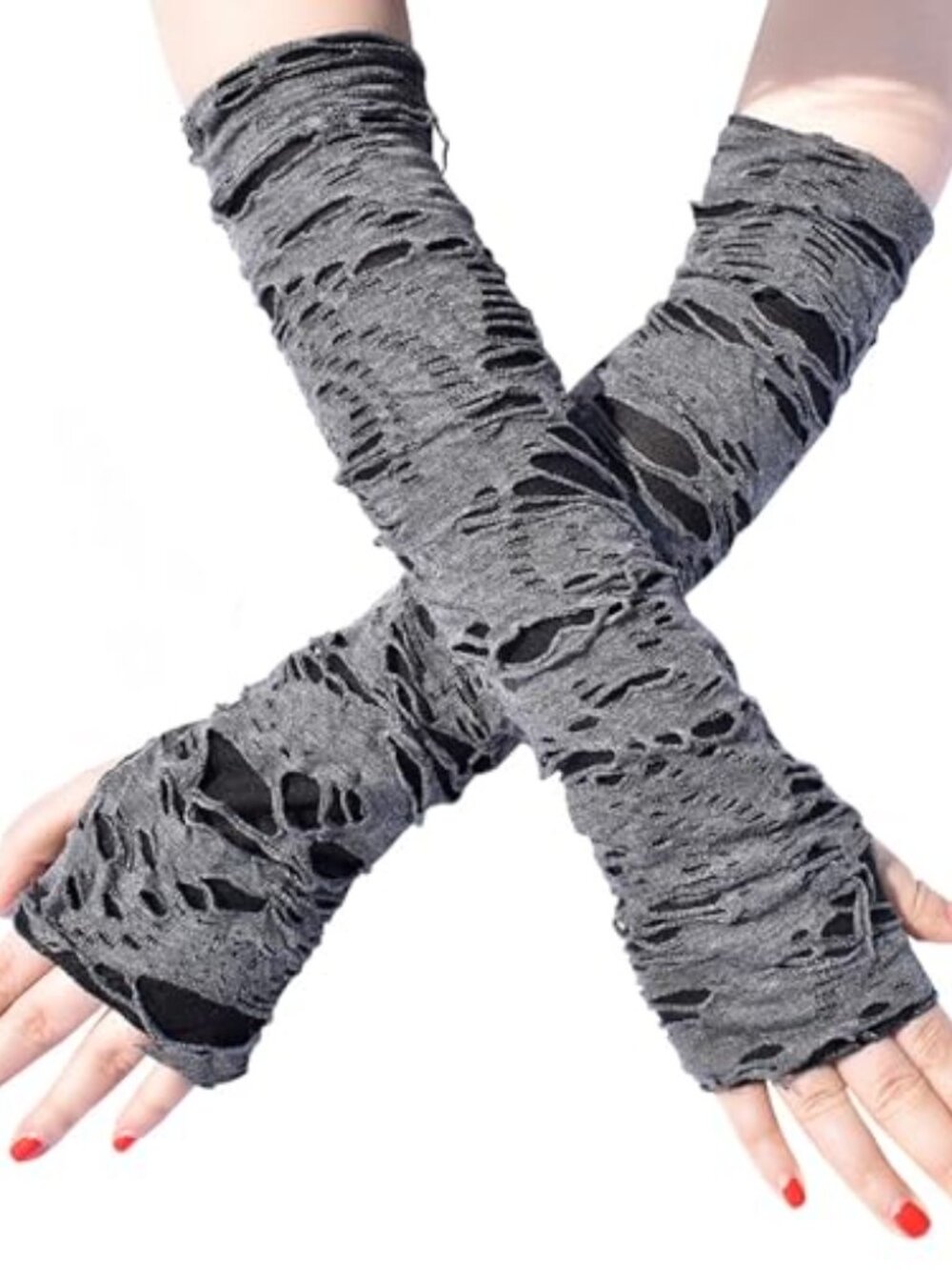 Unisex Gothic Fingerless Gloves, Punk Torn Arm Warmers Broken Slit Ripped Glove